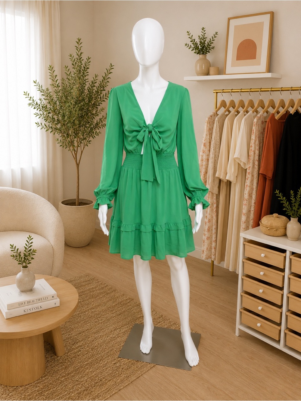 Green Long-Sleeve Tie-Front Ruffle Mini Dress